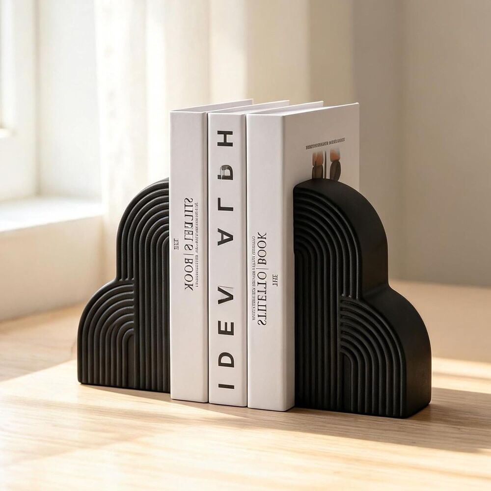 Modern Black Ceramic Bookends Pair Textured Layered Arch Heavy Duty Shelf Decor